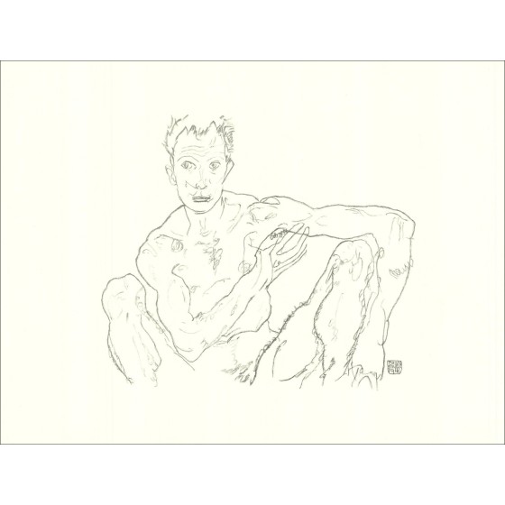 Egon SCHIELE - Lithographie "Man nude crouched (self-portrait) 2, 1918" 65x50cm