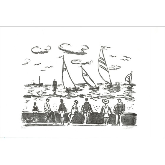 Jean-Claude Picot - Litografía original "Veleros por el mar" 38x57cm