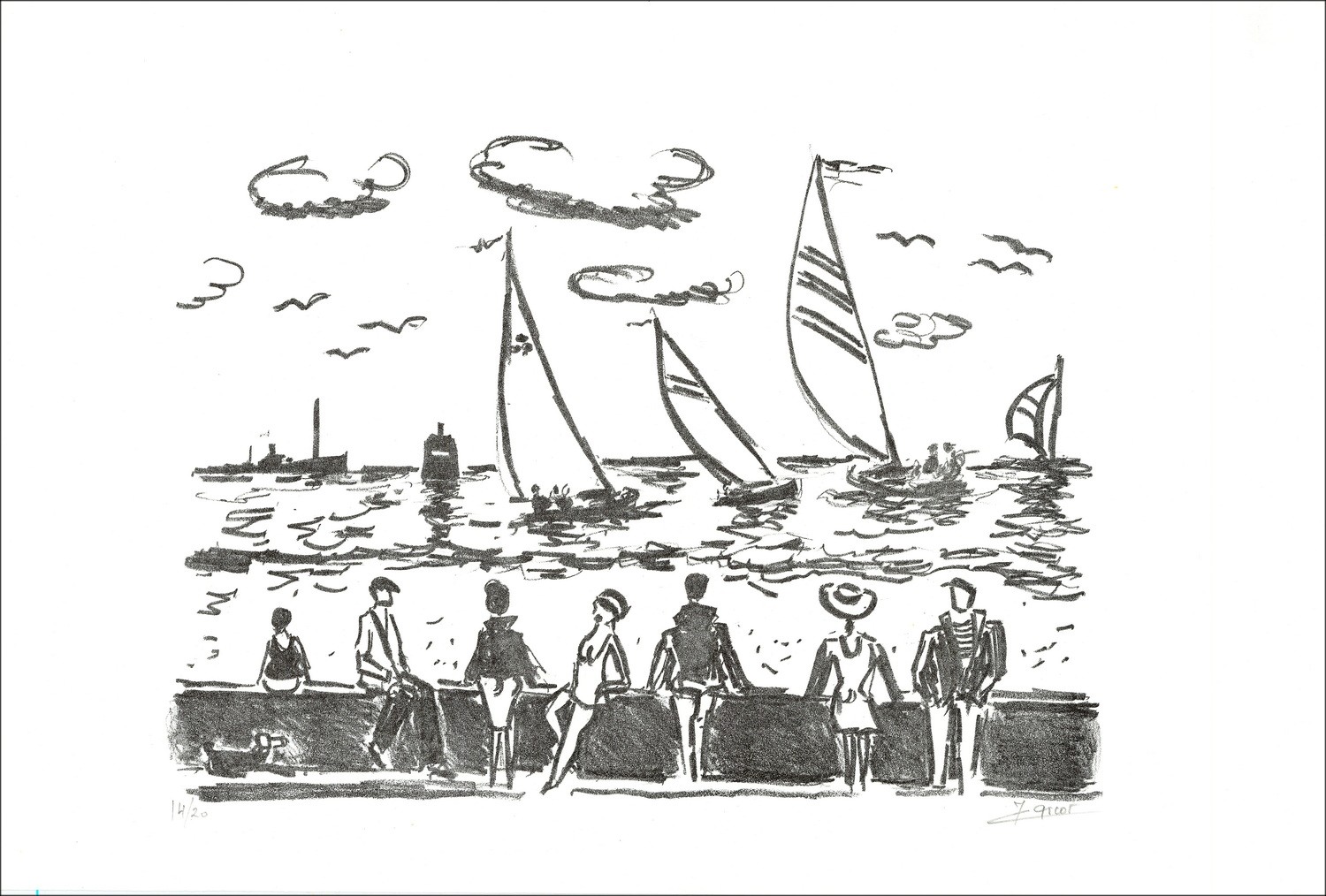 Jean-Claude Picot - Originele Lithografie "Zeilboten door de zee" 38x57cm