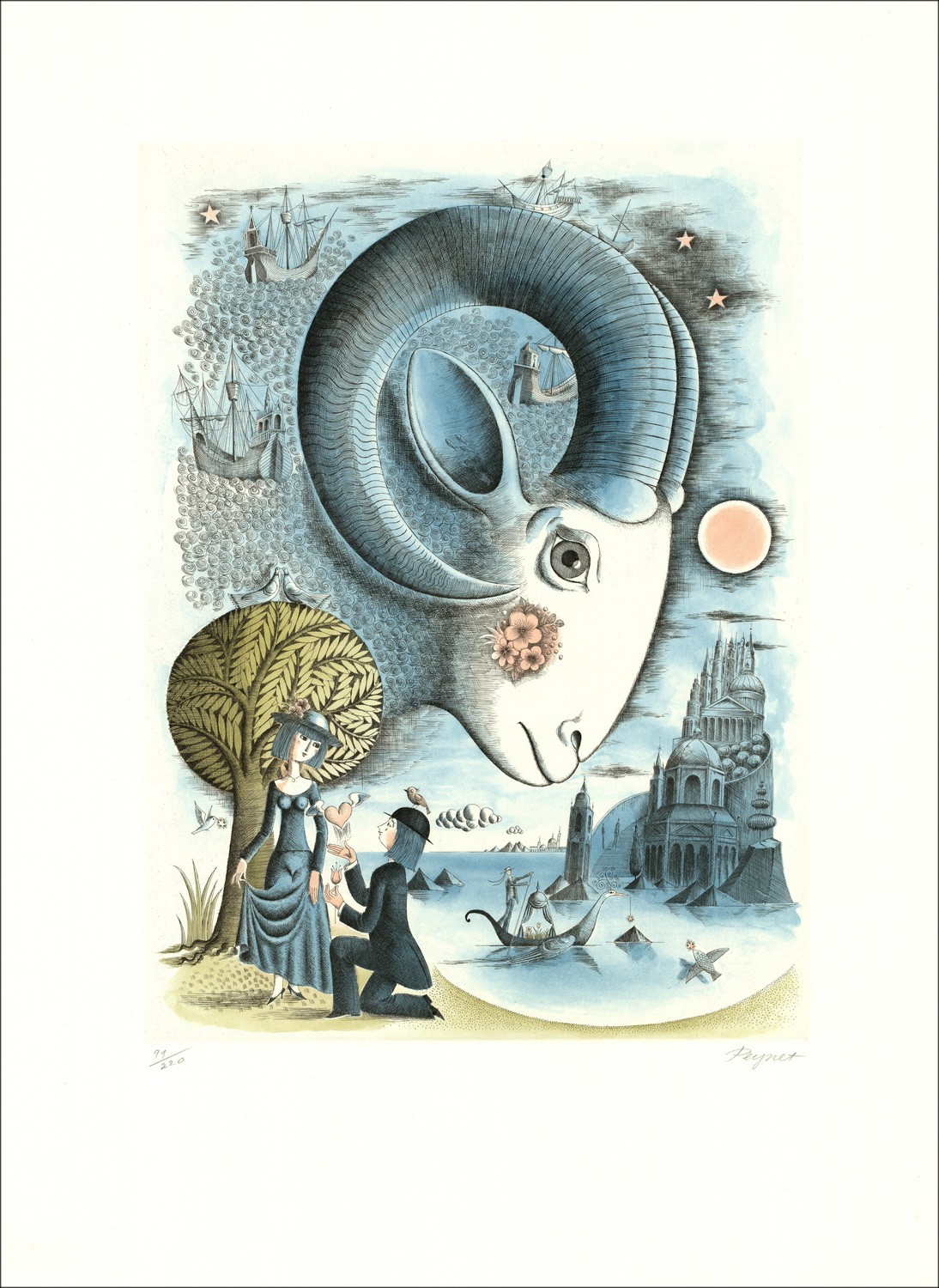 Raymond Peynet - Originalgravur "Die Tierkreiszeichen, Widder" 76x55cm - 1985
