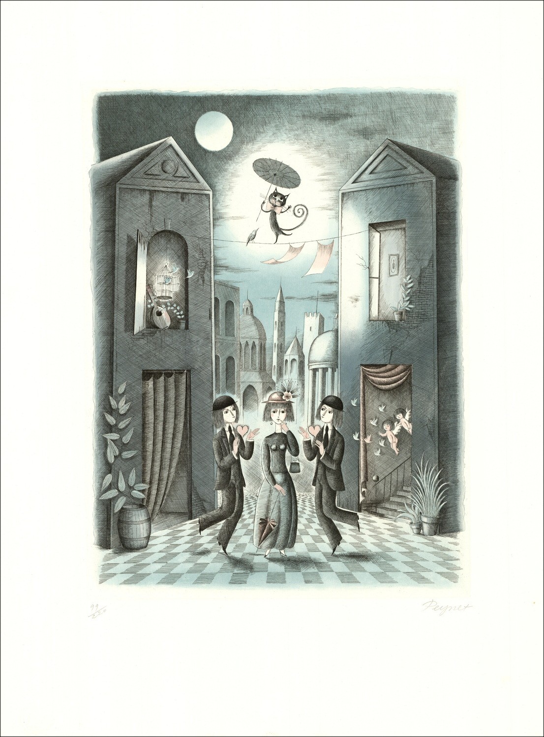 Raymond PEYNET - Original engraving "Les signes du Zodiac, Gémeau" 76x55cm - 1985