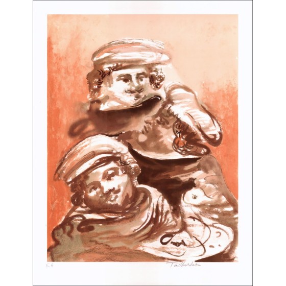 Litografia originale firmata "Personaggi" 65x50cm
