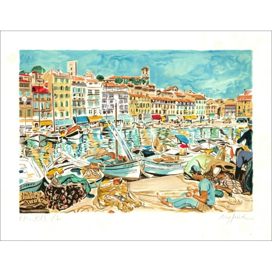Visser op de haven - Originele lithografie ondertekend en genummerd in potlood door de kunstenaar - Budgetbereik, Kleine prijs, 