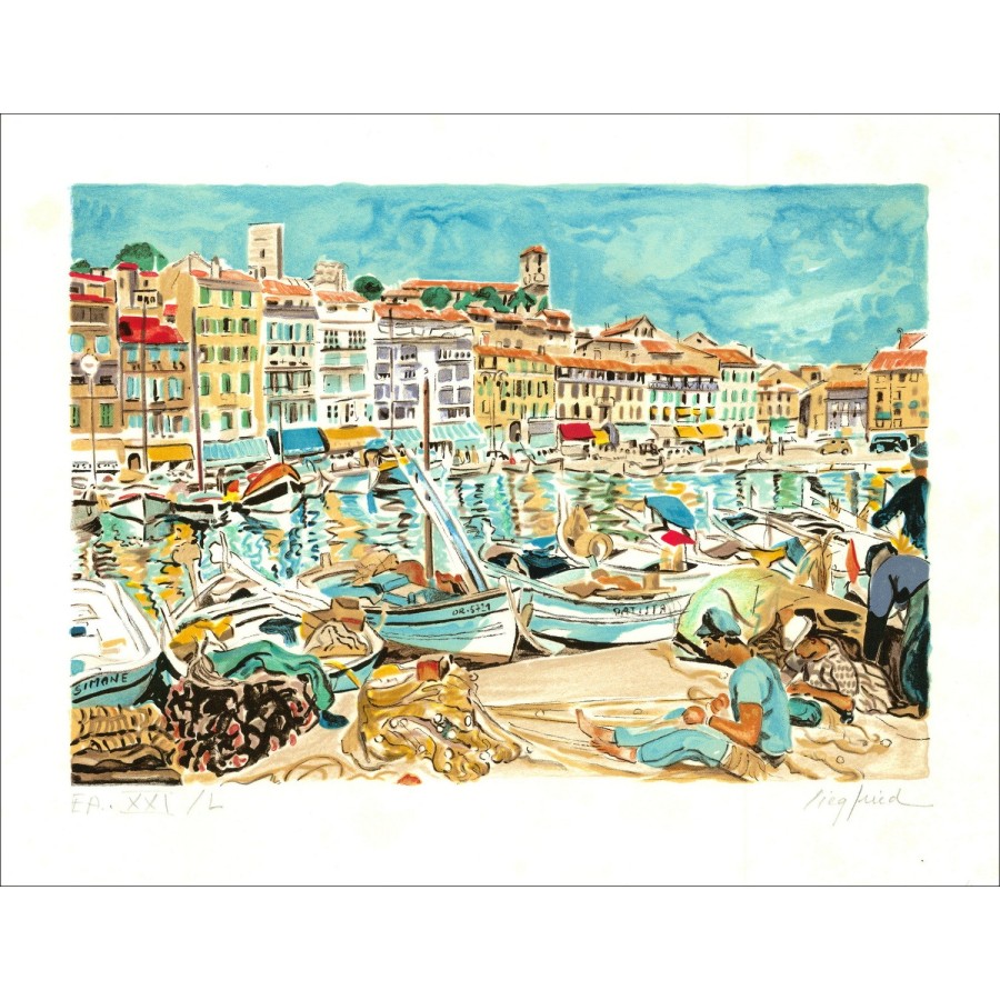 Visser op de haven - Originele lithografie ondertekend en genummerd in potlood door de kunstenaar - Budgetbereik, Kleine prijs, 