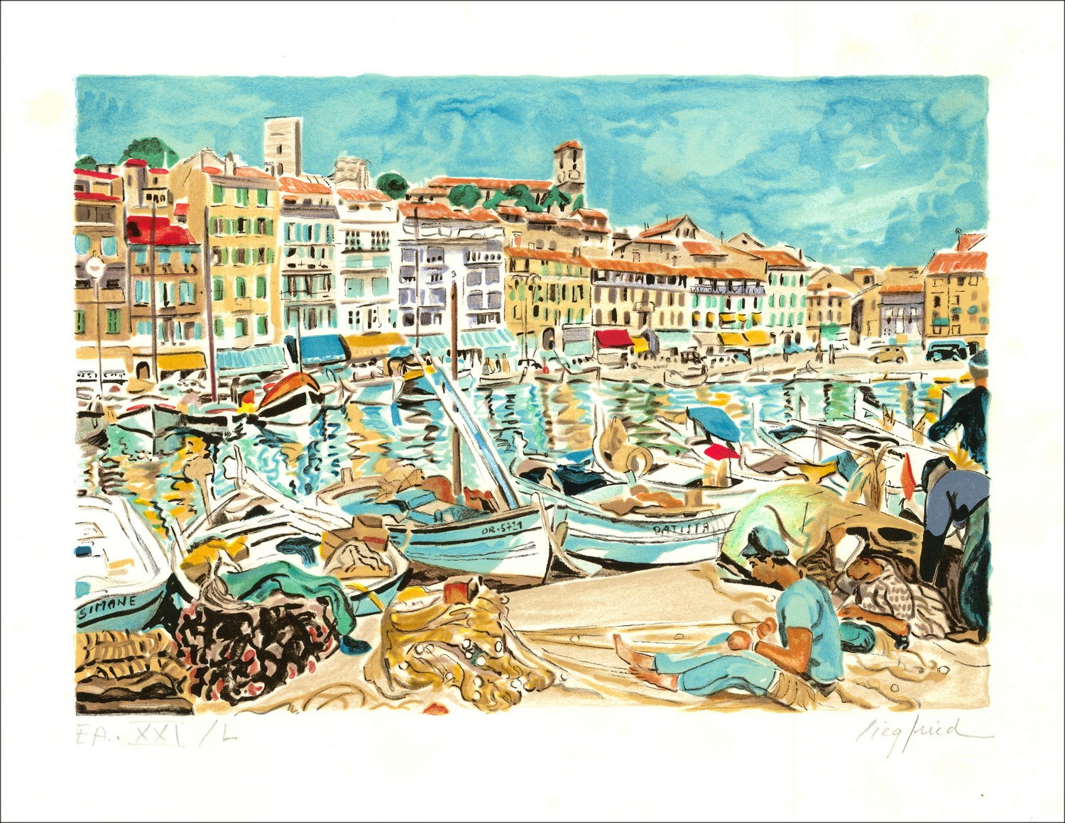 Fischer auf dem Hafen - Original-Lithographie unterzeichnet und nummeriert in Bleistift des Künstlers - Budgetbereich, kleiner P