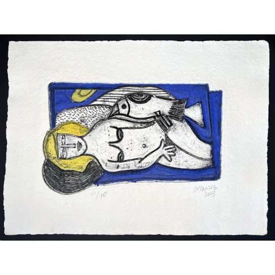 Guillaume Corneille - AquaAlvure "length vrouw met vogel" 46x62cm