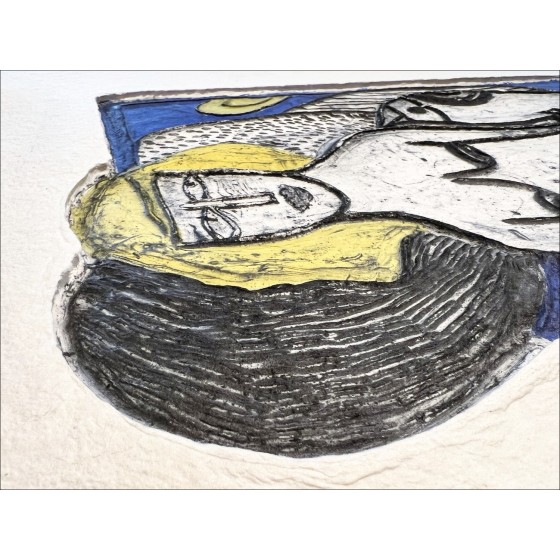 Guillaume CORNEILLE - Aquagravure "Femme allongée avec oiseau" 46x62cm