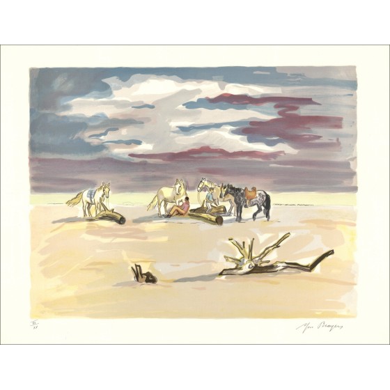 BRAYER Yves - Lith Origin Original "Lights ofalice, de rust vanfra_Latnaliers op het strand" 50x65cm - 1973