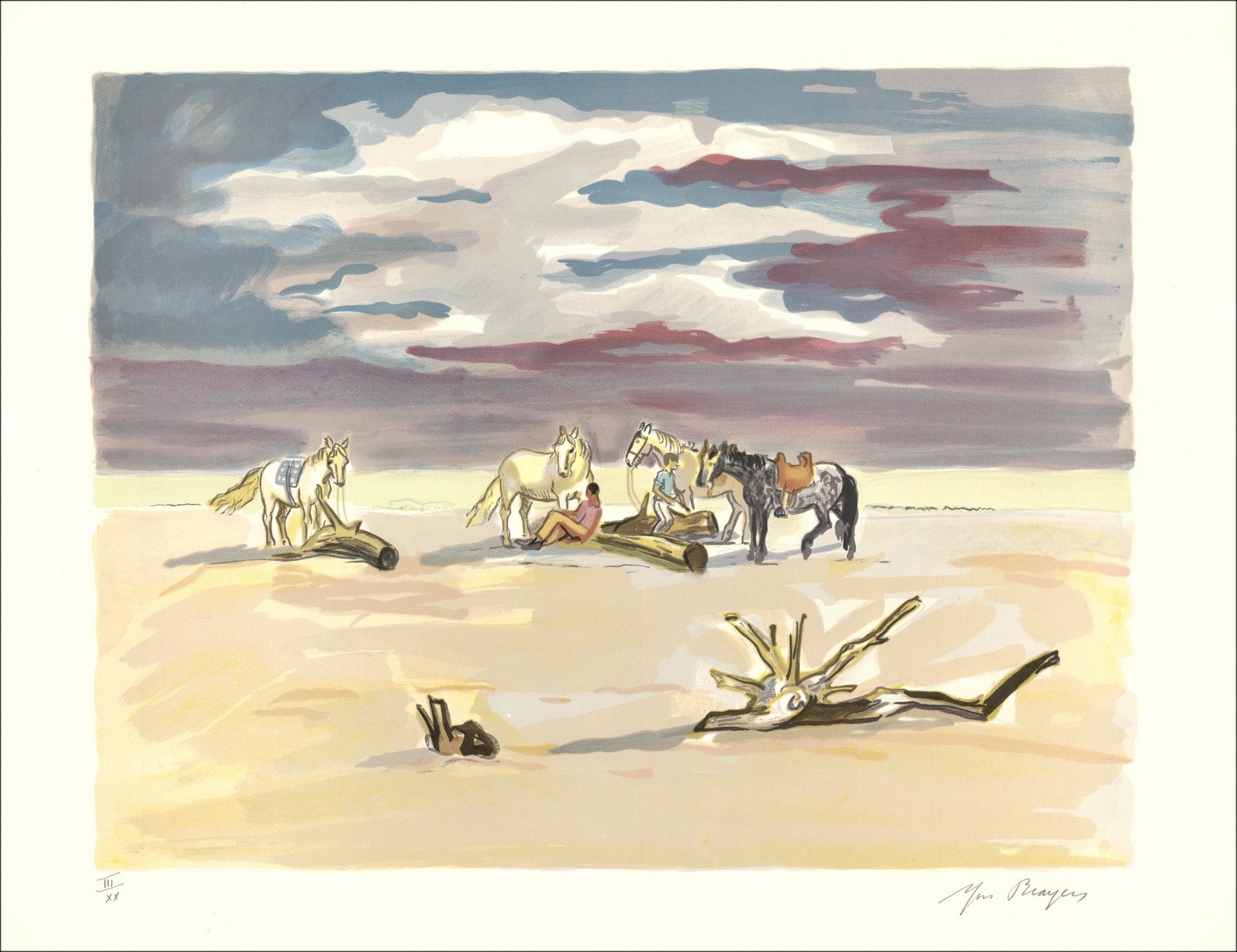BRAYER Yves - Litografía original "Luces de Provence, el resto de los jinetes en la playa" 50x65cm - 1973