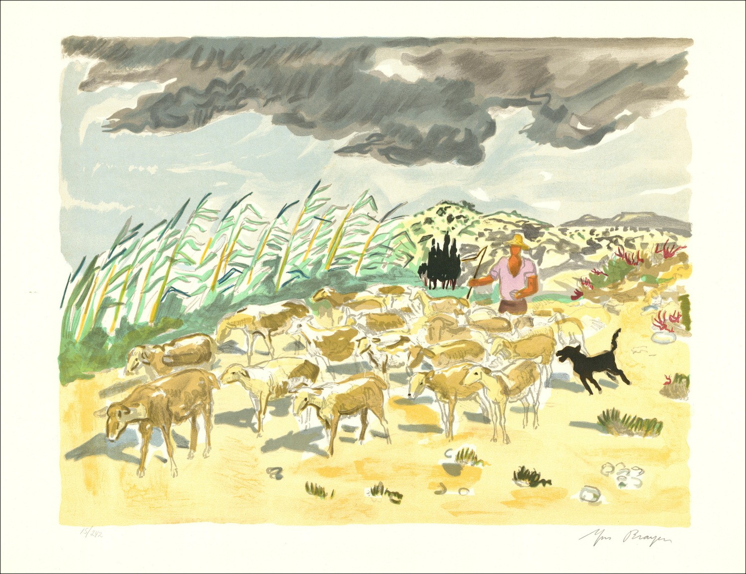 BRAYER Yves - Litografia Originale "Luci della Provenza, Gregge nelle Alpi" 50x65cm - 1973