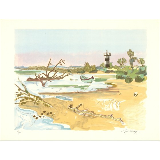 BRAYER Yves - Original Lithograph "Lights of Provence, Boat on the Little Rhône" 50x65cm - 1973