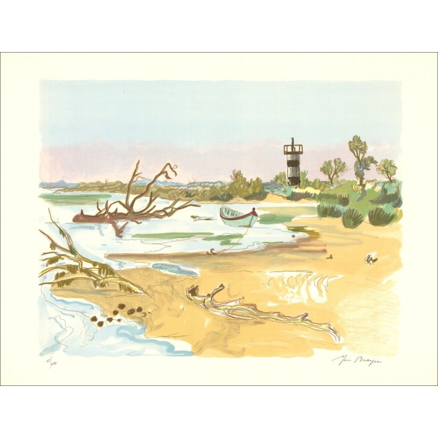 BRAYER Yves - Lith Origin Original "Lumières de Provence, Barque au petit Rhône" 50x65cm - 1973