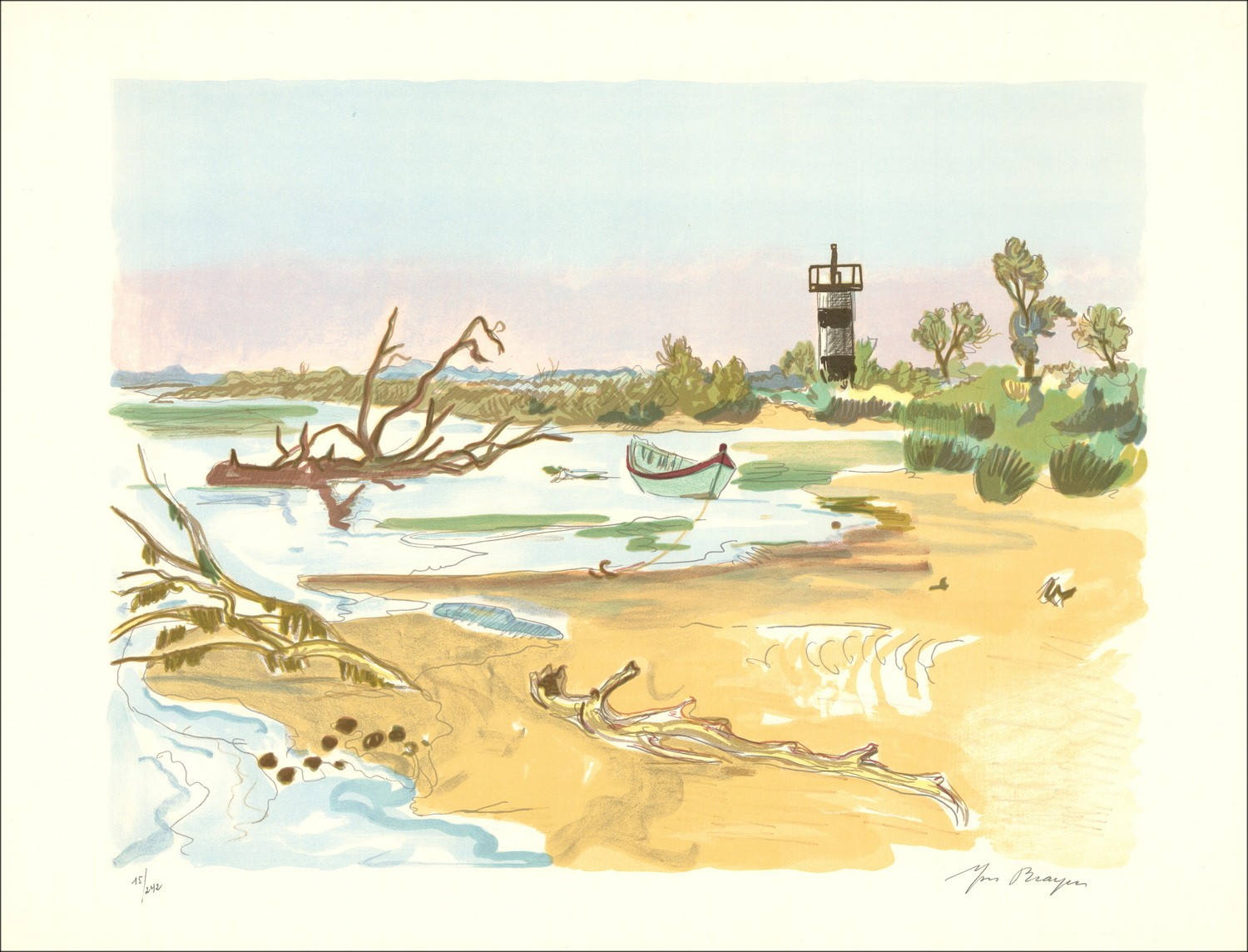 BRAYER Yves - Original Lithograph "Lights of Provence, Boat on the Little Rhône" 50x65cm - 1973