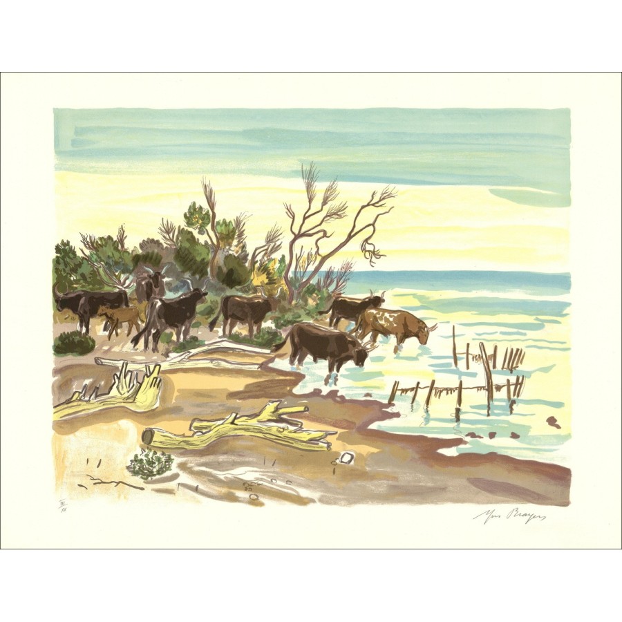 BRAYER Yves - Litografia Originale "Luci della Provenza, Mandria di tori alla sera" 50x65cm - 1973