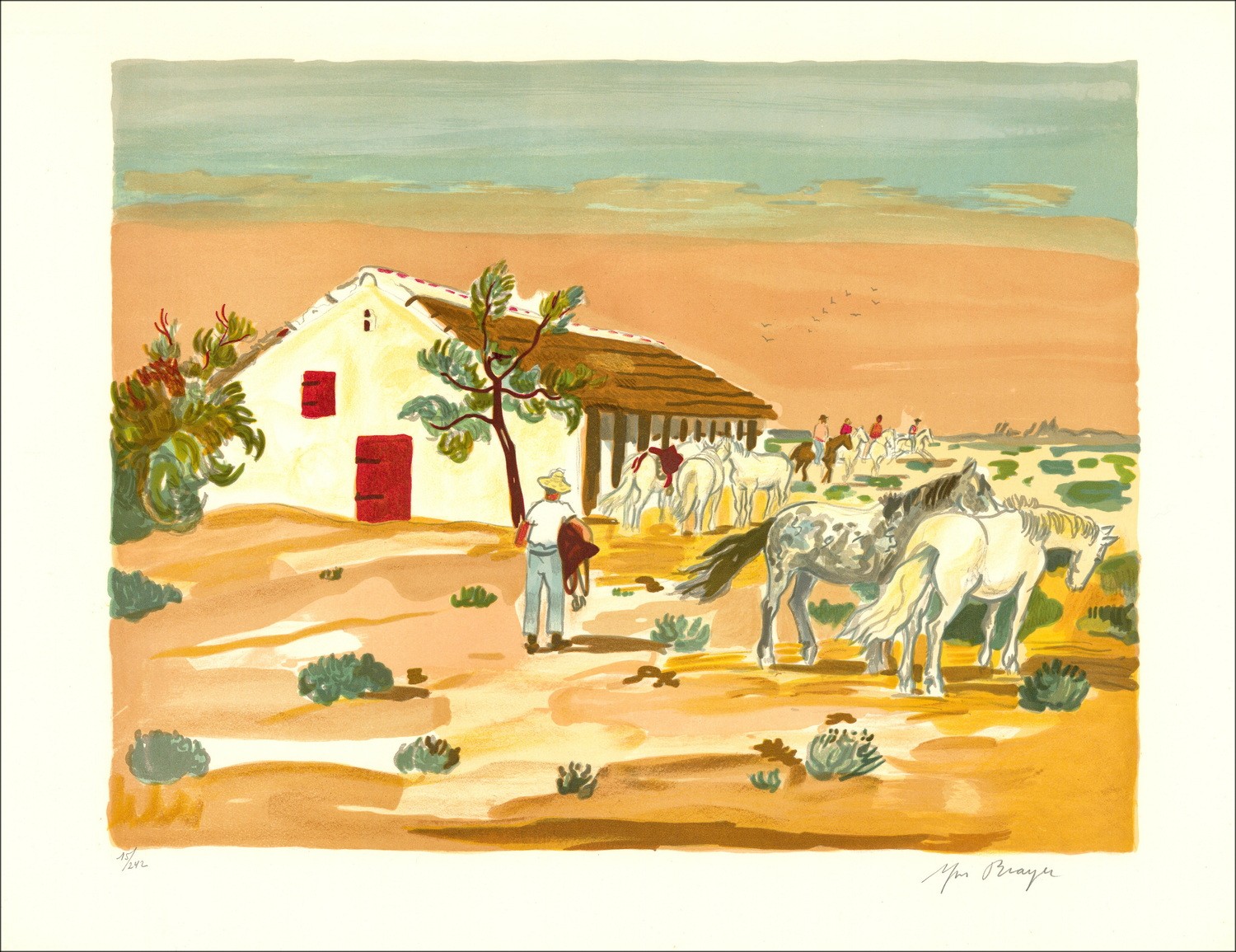 BRAYER Yves - Litografia Originale "Luci della Provenza, Scuderia a Cacharel" 50x65cm - 1973