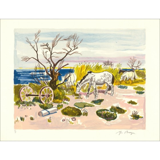 BRAYER Yves - Licht van de zee, paarden bij de vijver" 50x65cm - 1973