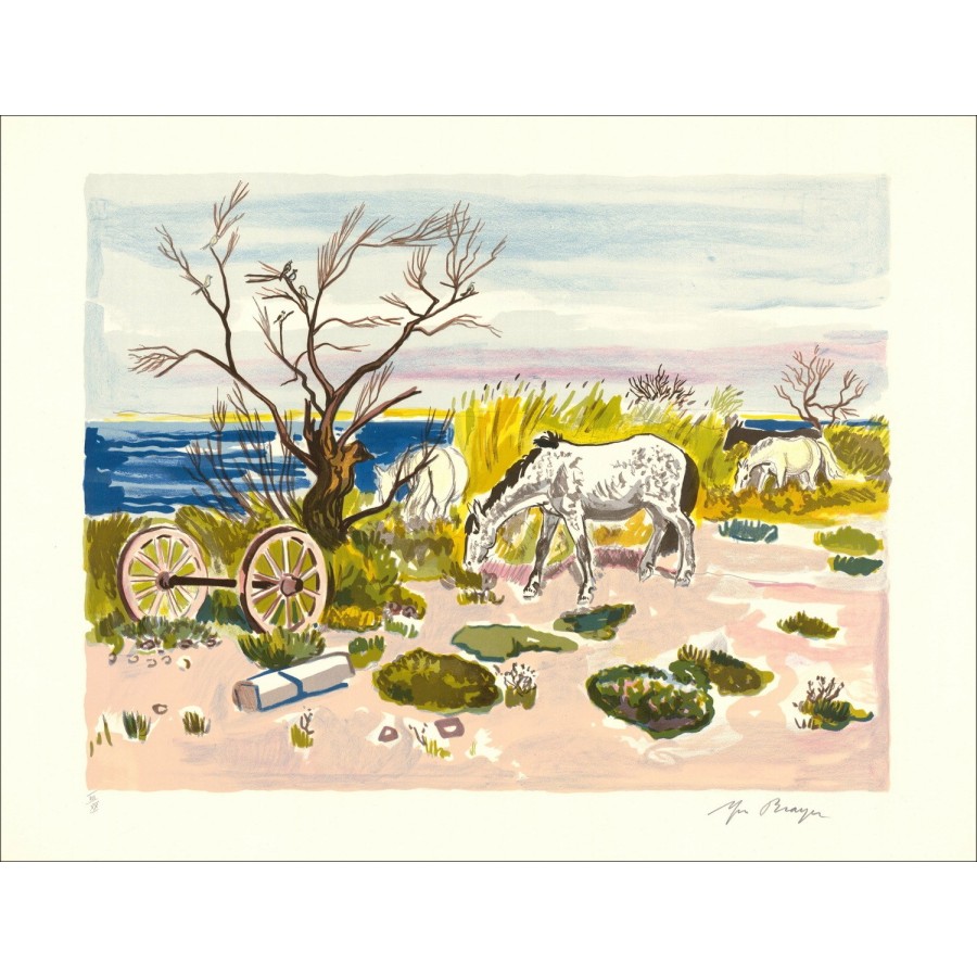 BRAYER Yves - Original Lithograph "Lights of Provence, Horses at the Edge of the Pond" 50x65cm - 1973