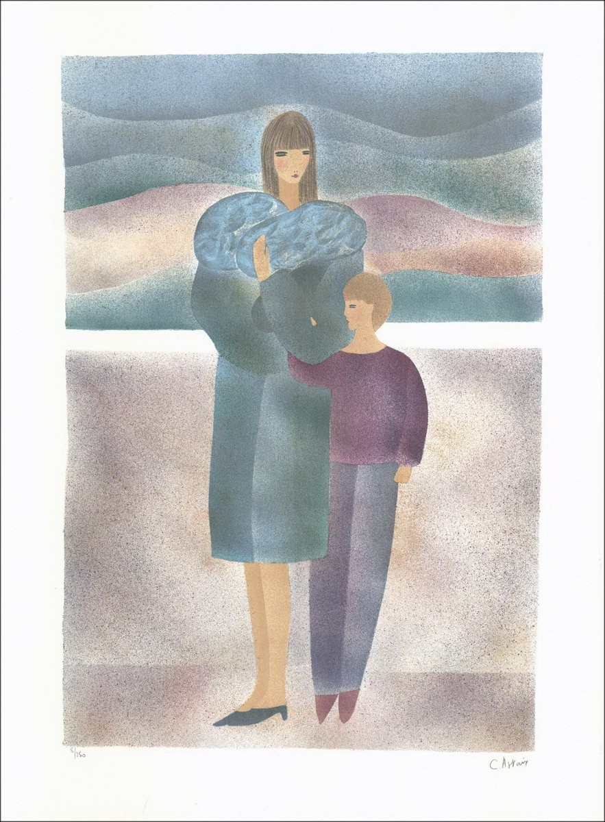 Frau und Kind - Original-Lithographie nummeriert und unterzeichnet in Bleistift des Künstlers - Budgetbereich, kleiner Preis, De