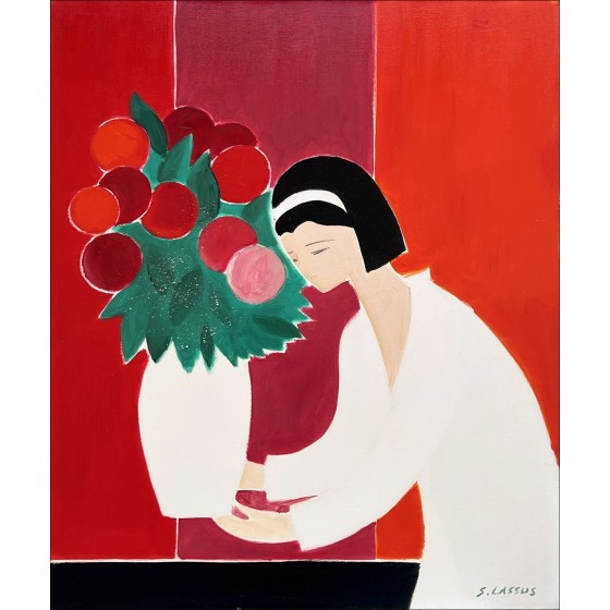 Serge Lassus - Oliën op canvas "Vrouw in de vaas van bloemen" 65x54cm