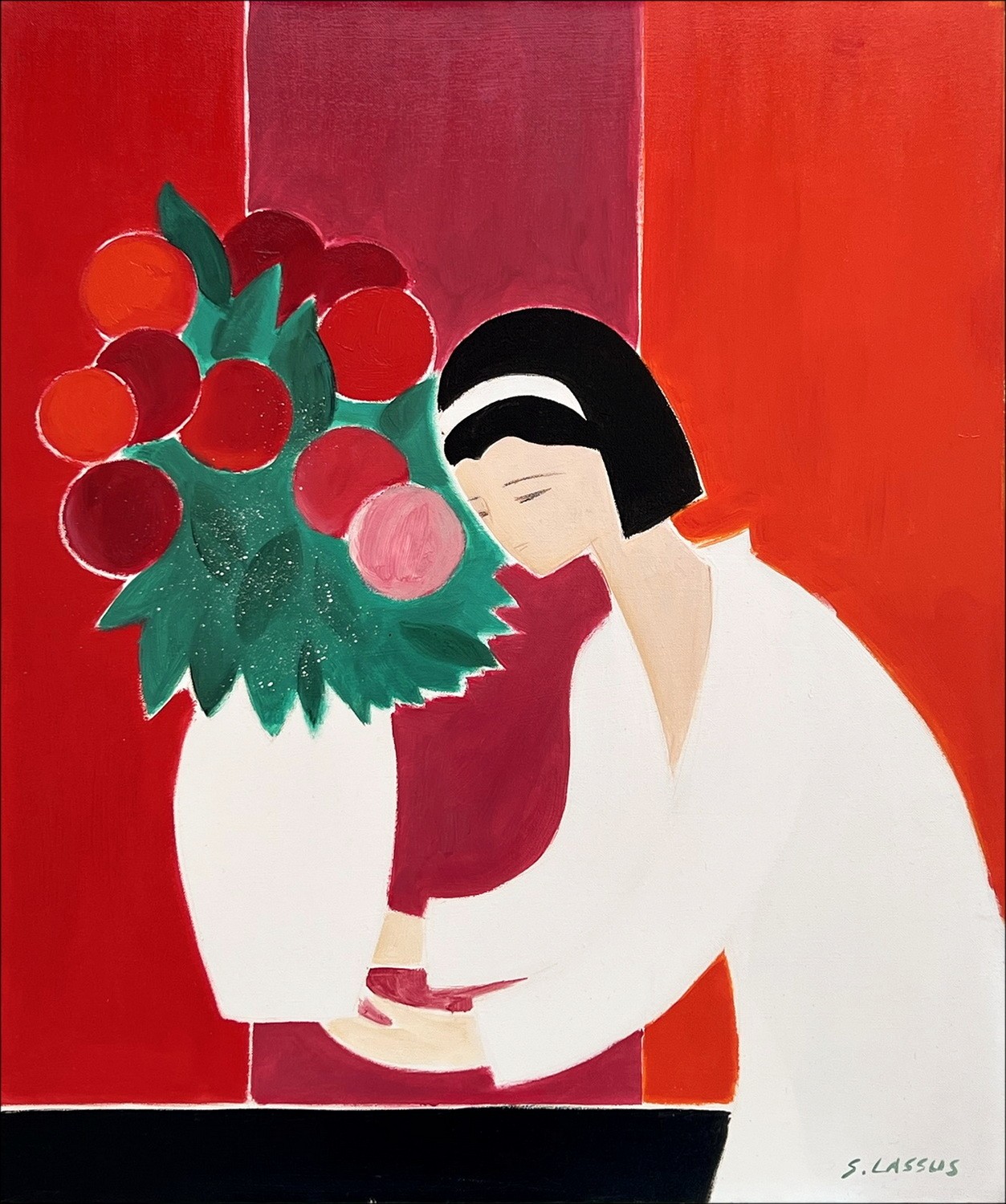 Serge LASSUS - Huiles sur toile "Femme au vase de fleurs" 65x54cm