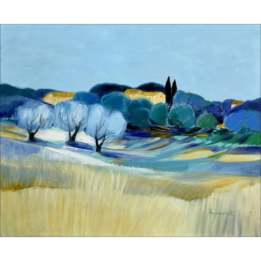Koop olie op canvas Claude Hemeret Provence, beide cipressen