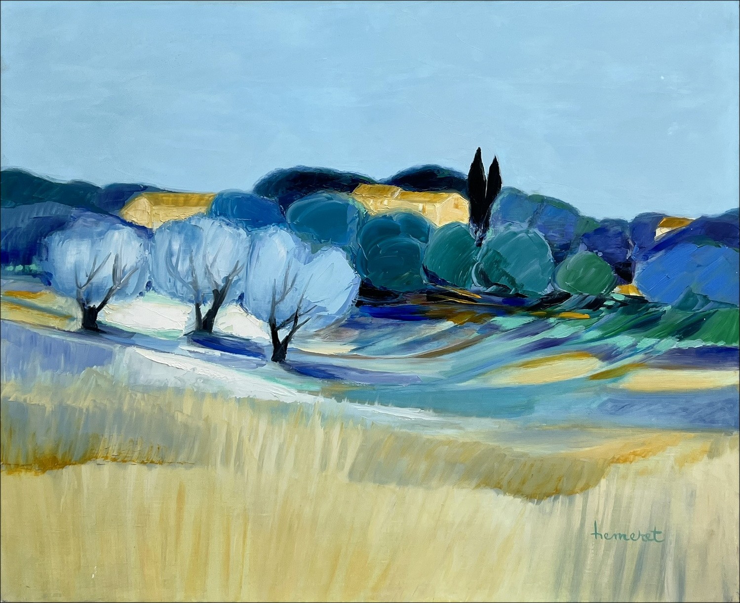 Buy Oil on canvas by Claude HEMERET Provence, the two cypresses