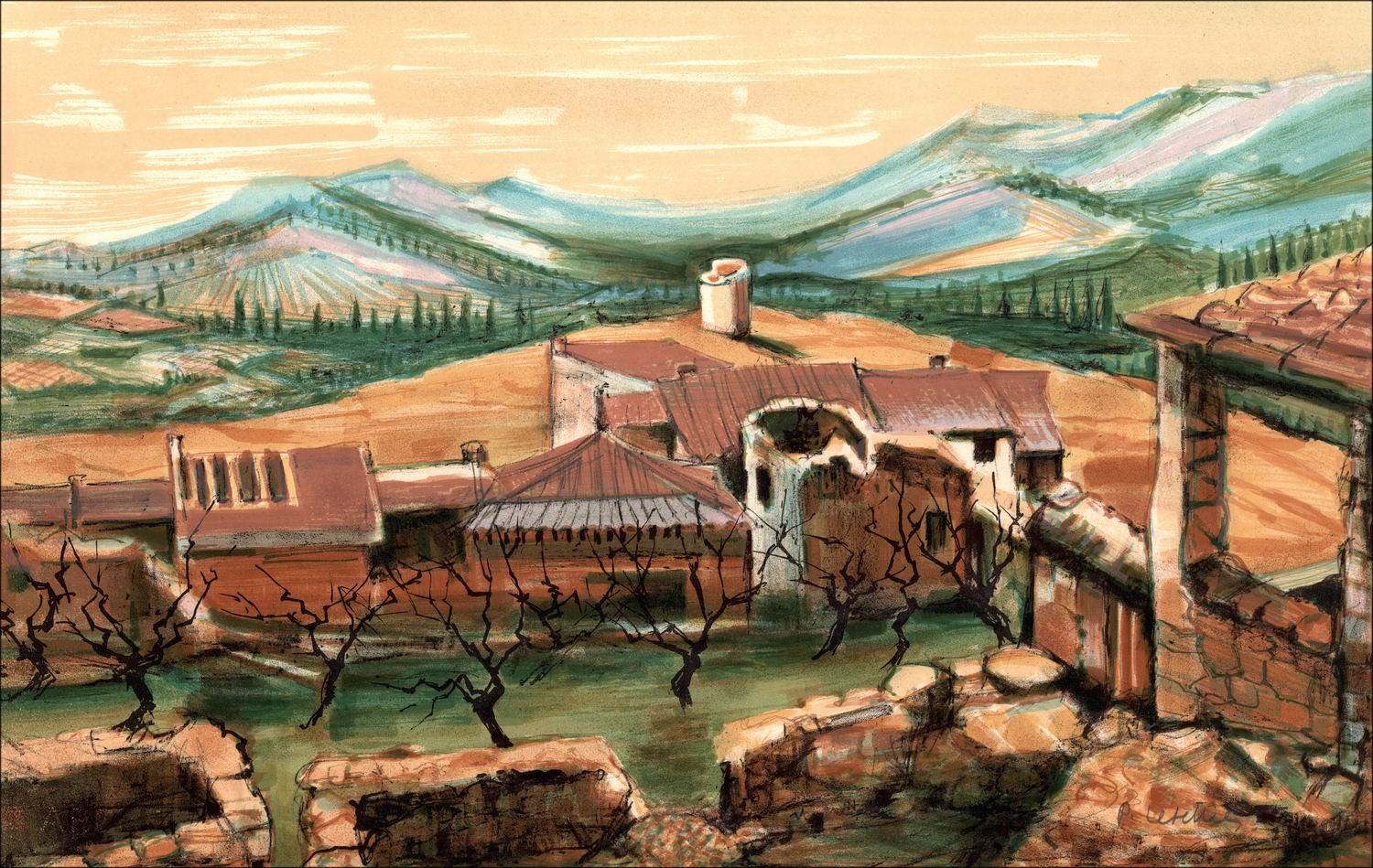Pierre LETELLIER "The Village" Original lithograph on vellum paper, signed in pencil by the artist
