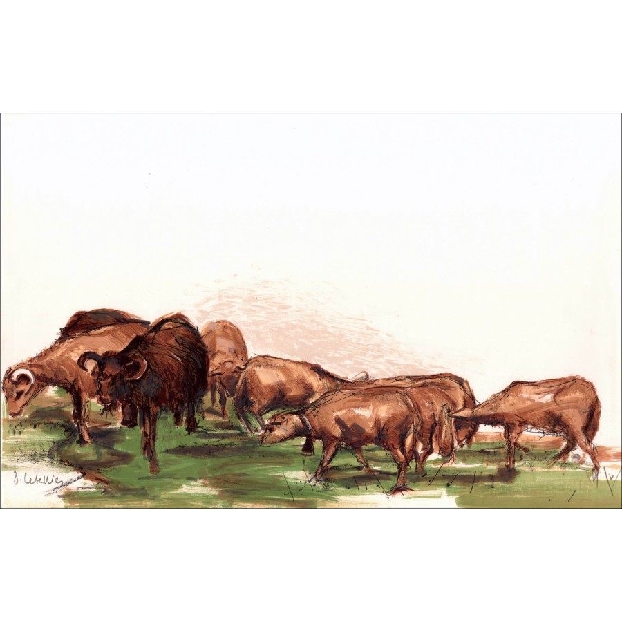 Pierre Letellier "Die Herde der Ziegen" Original-Lithographie auf Vellum-Papier, unterzeichnet in Bleistift des Künstlers