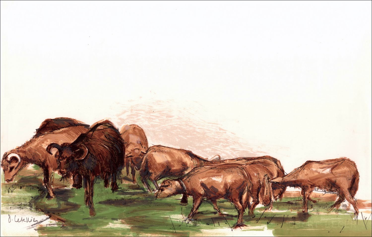 Pierre Letellier "The Herd of Goats" Litografía original en papel de Vello, firmado a lápiz por el artista