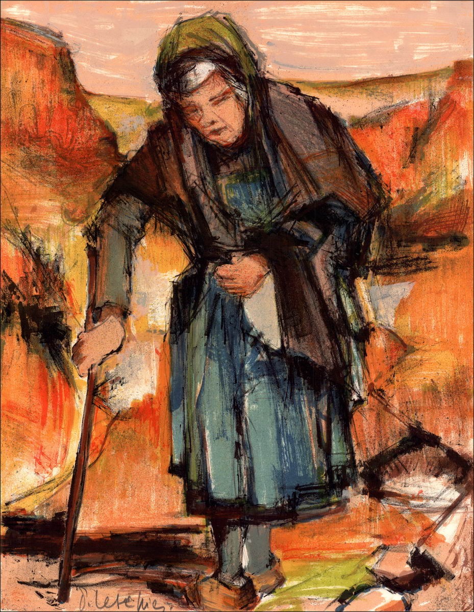 Pierre Letellier "Die alte Dame" Original-Lithographie auf Vellum-Papier, unterzeichnet in Bleistift des Künstlers