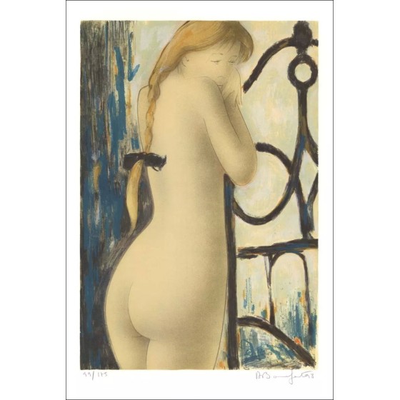 Naakte vrouw aan de voet voet om Alain Bonnefoit originele lithografie te kopen 