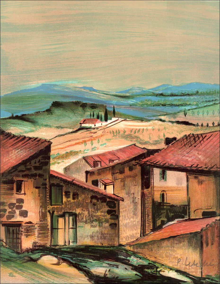 Pierre Letellier "Das Dorf" Original-Lithographie auf Vellumpapier, unterzeichnet in Bleistift des Künstlers