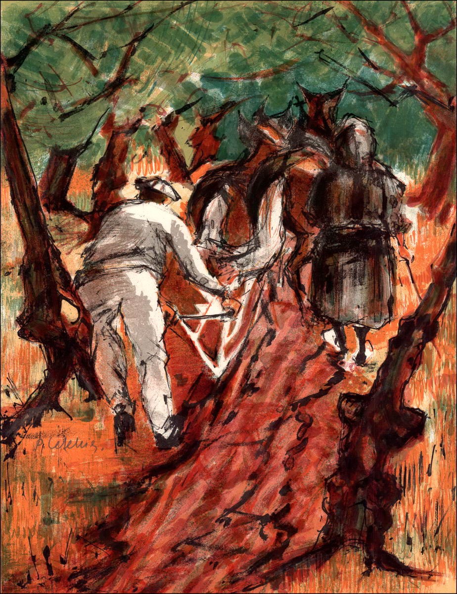 Pierre LETELLIER "Contadini al lavoro" Litografia originale su carta velina, firmata a matita dall'artista