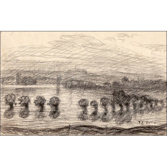 COLIN Paul-Émile - Dibujo a lápiz "Paisaje de puente Aven" 13x21cm