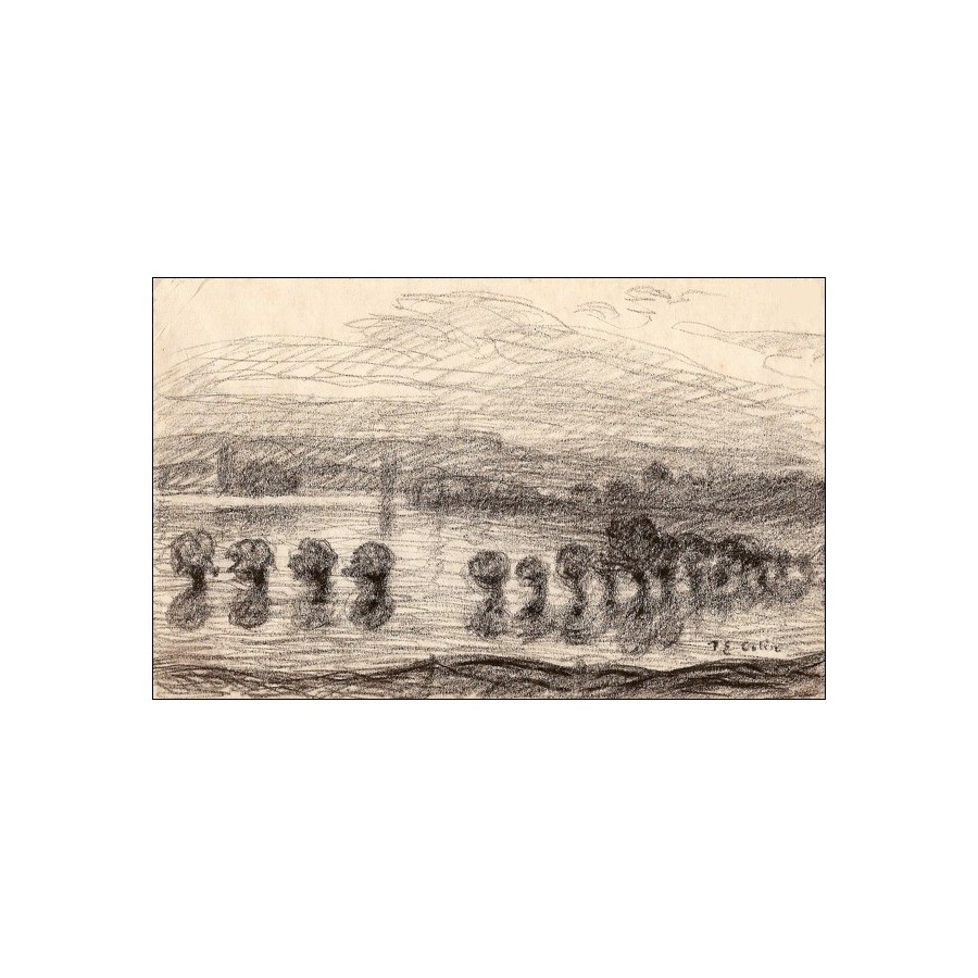 COLIN Paul-Émile - Dibujo a lápiz "Paisaje de puente Aven" 13x21cm