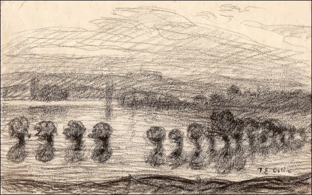 COLIN Paul-Émile - Dibujo a lápiz "Paisaje de puente Aven" 13x21cm