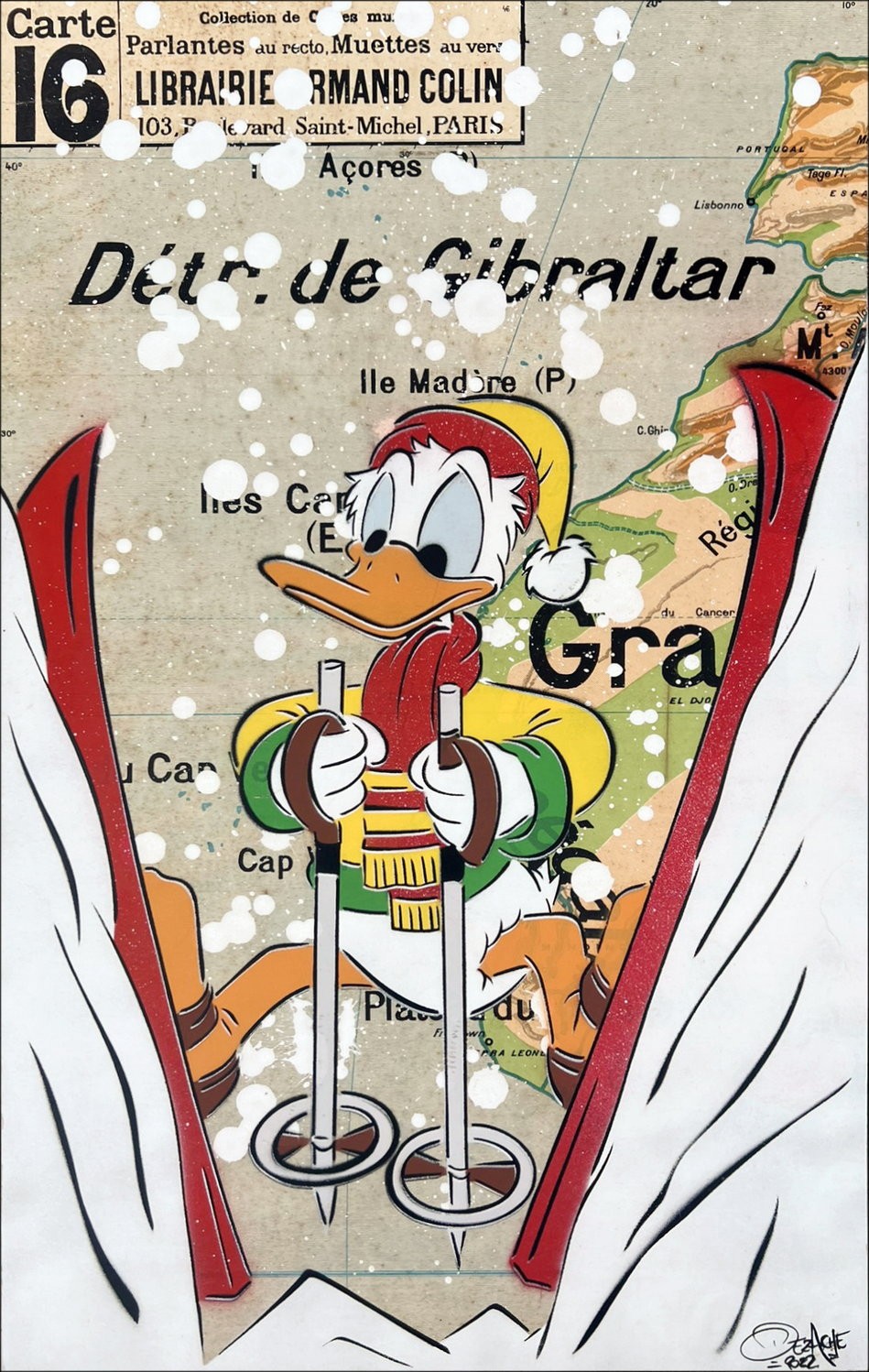 ➦ Donald Duck onder de sneeuw van DEZACHE op kaart een stencil schilderij