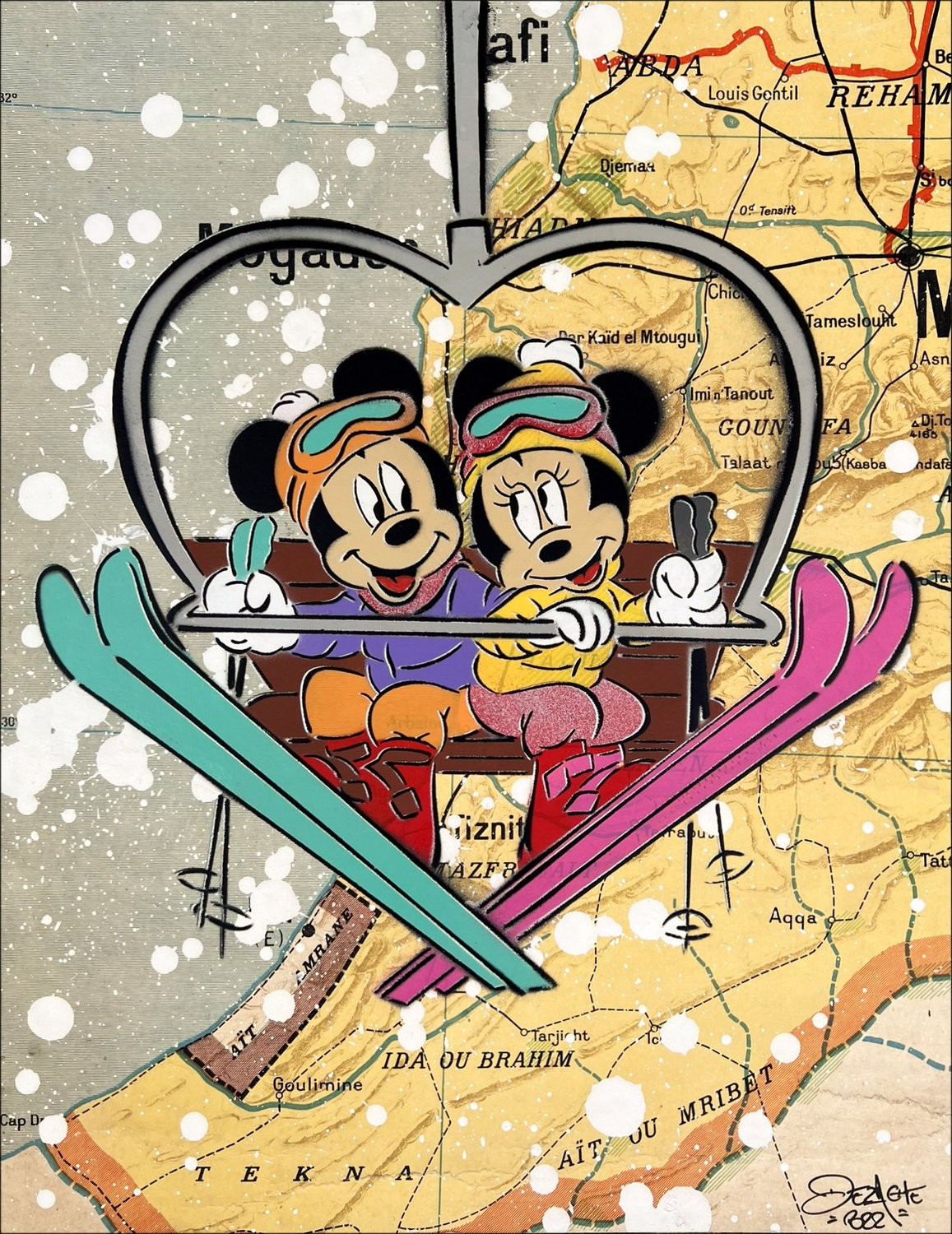 Koop een dezache stencil schilderij op Mickey en Minnie-kaart