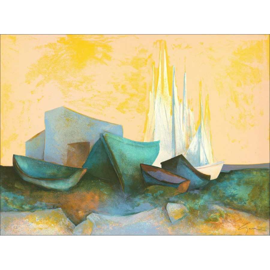 Originele litho-boten op het strand om te kopen van Claude GAVEAU 