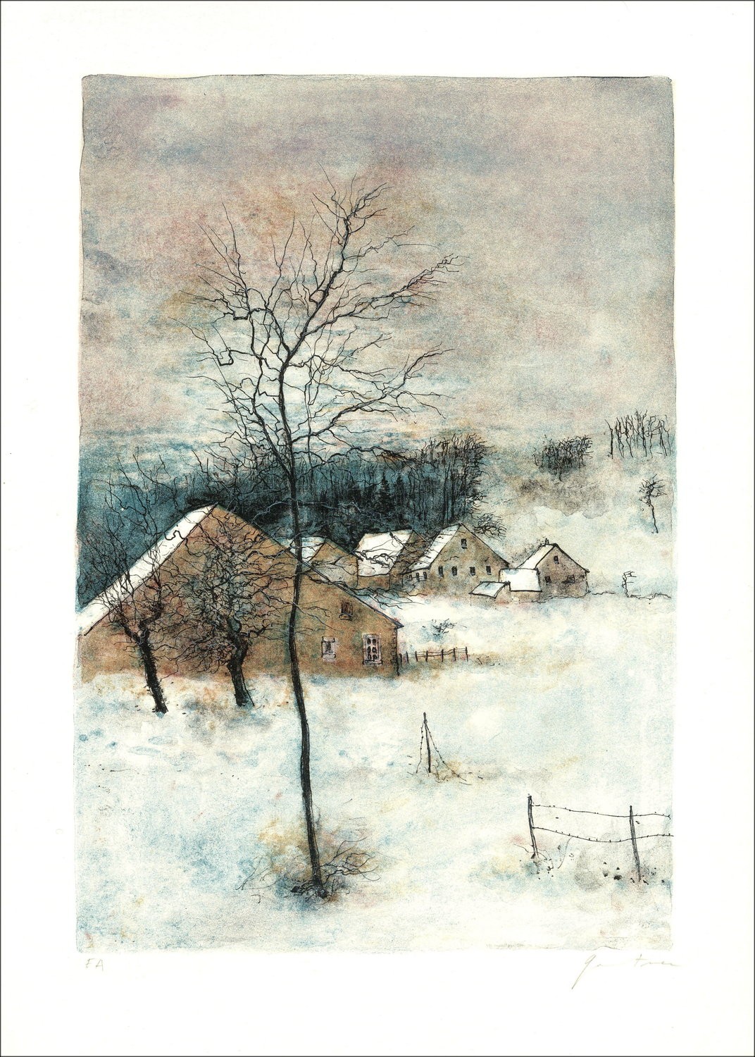 Buy Snowy village Original Lithograph of Bernard GANTNER 