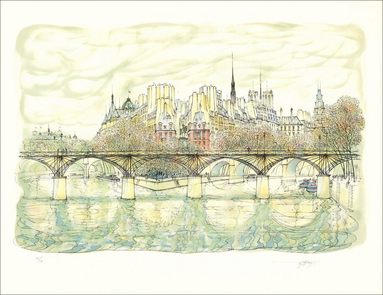 Rolf RAFFLEWSKI - Lithographie Originale "Paris, l'île de la cité et le pont-neuf"