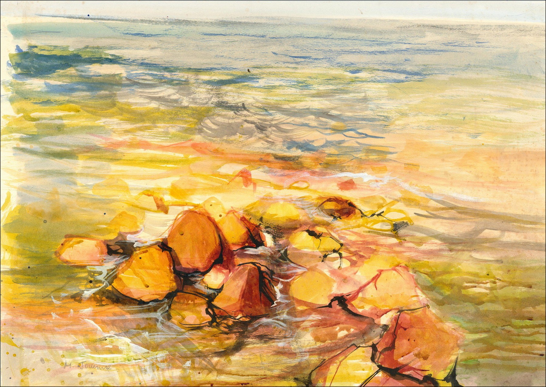 Michel JOUENNE, Aquarelle originale : Paysage en bord de mer 59x86cm