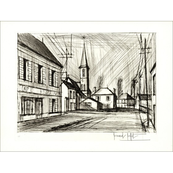 Bernard Buffet - Originalgravur "Kirche von Mesnils" 56x76cm - 1975