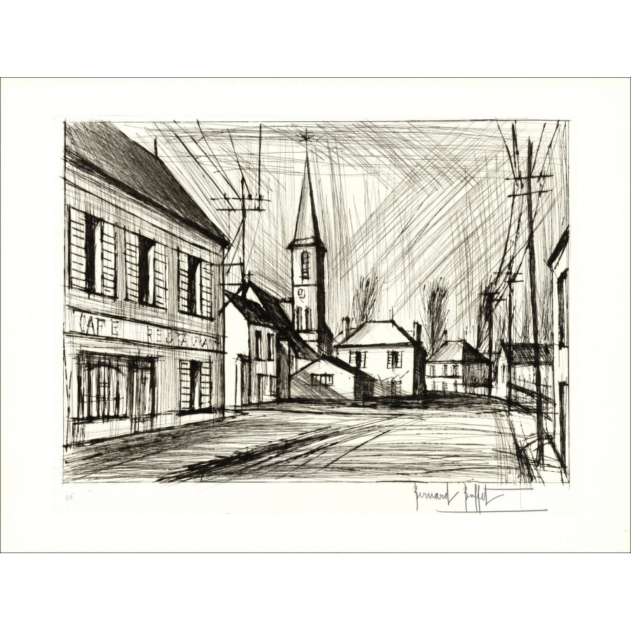 Bernard Buffet - Incisione originale "Chiesa di Mesnils" 56x76cm - 1975