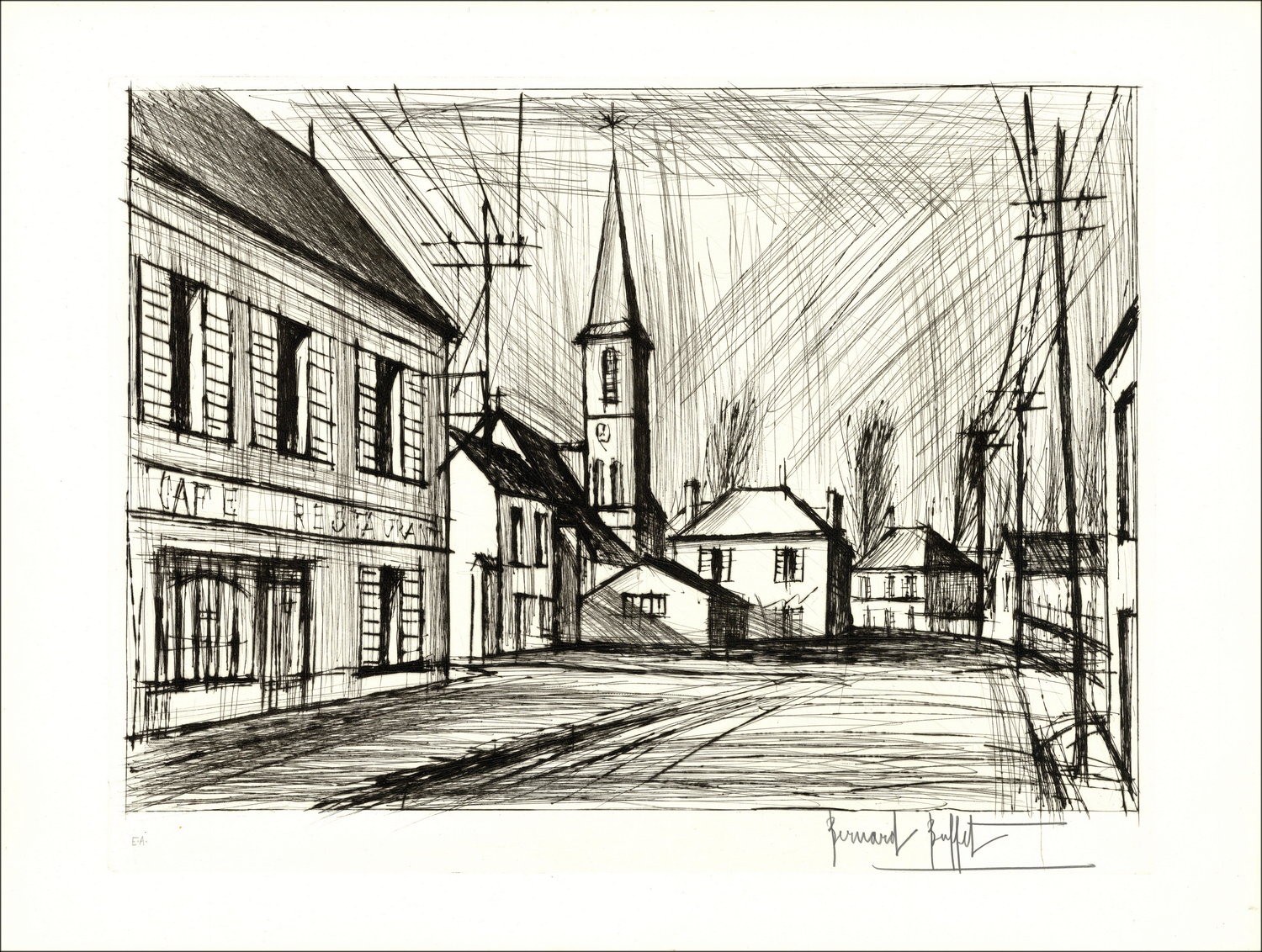 Bernard Buffet - Originalgravur "Kirche von Mesnils" 56x76cm - 1975