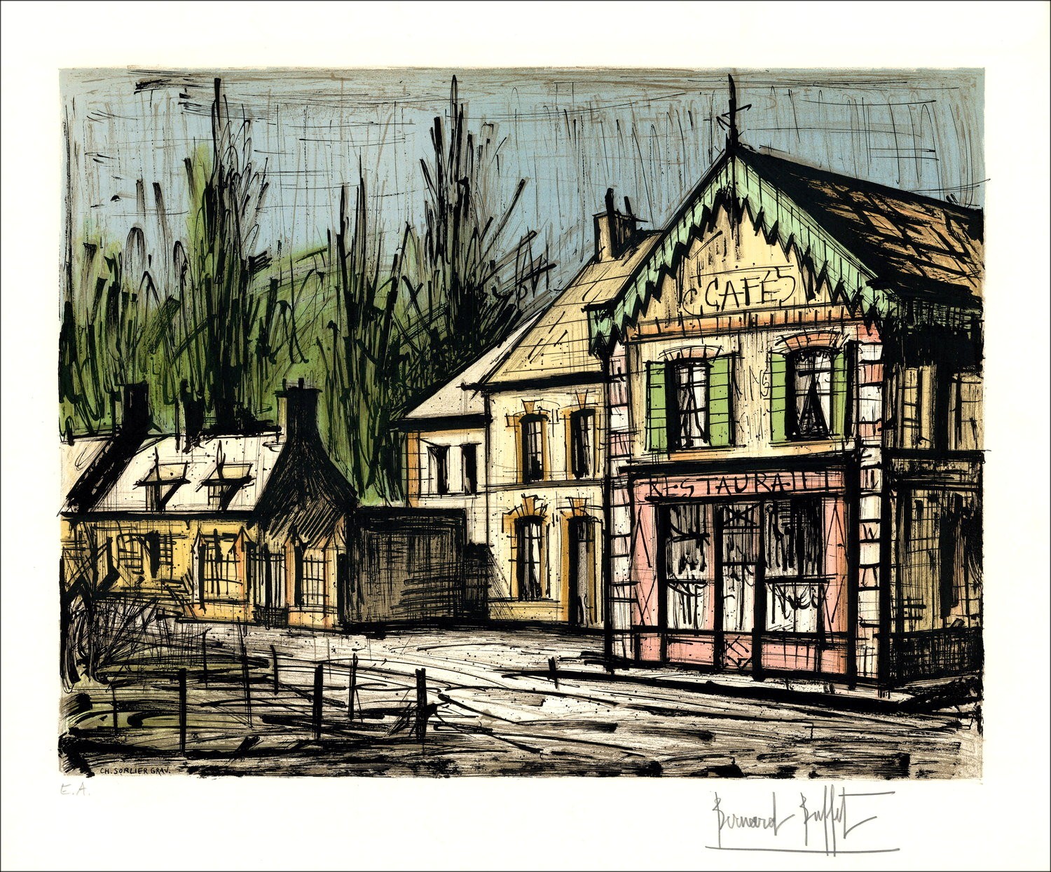 Bernard Buffet: 'Le Chalet Restaurant', Litografía certificada, CIRCA 1977