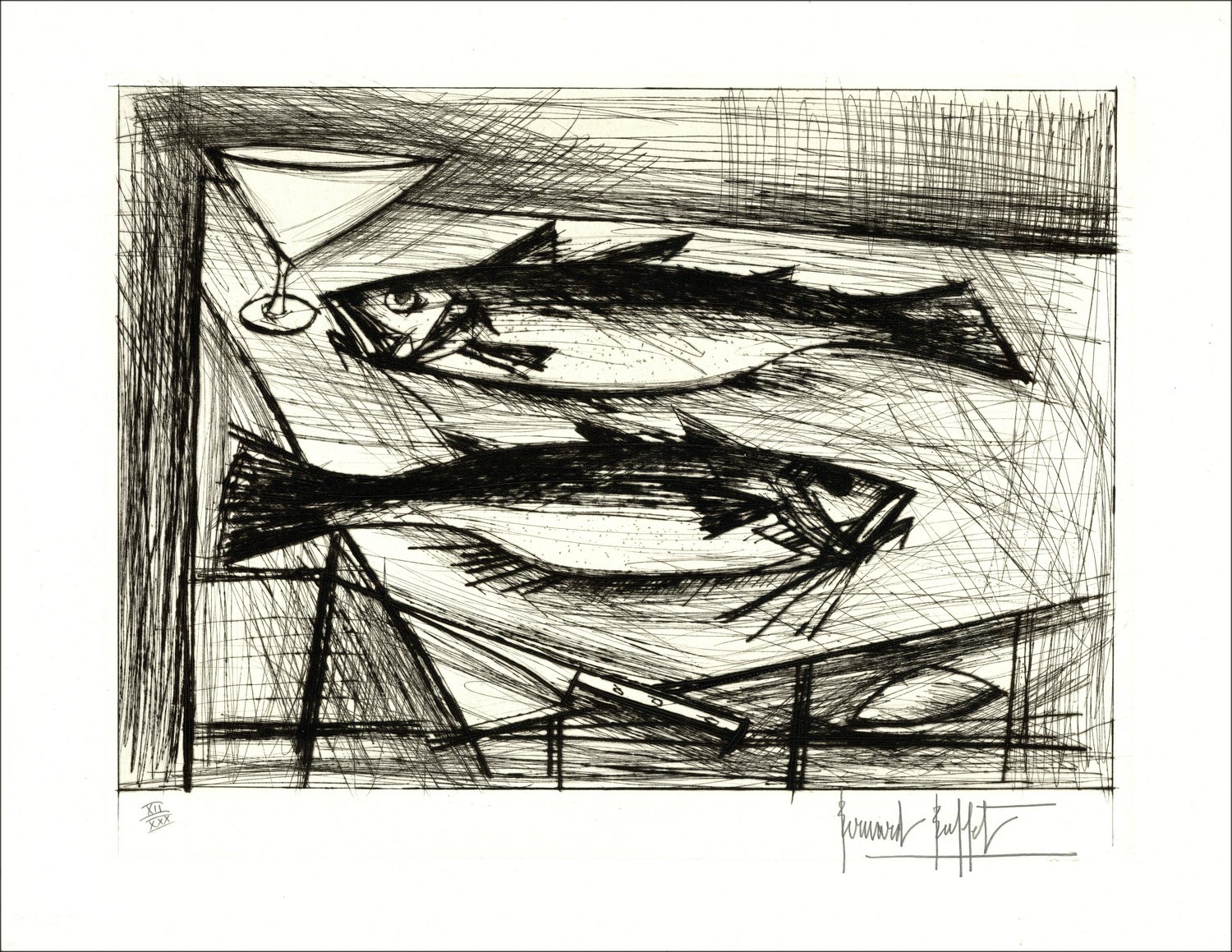 Bernard BUFFET - Gravure originale "Les deux poissons" 58x75cm - 1979