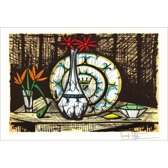 Bernard Buffet Still Life nei Margueriti rossi '1987 - Litografia originale