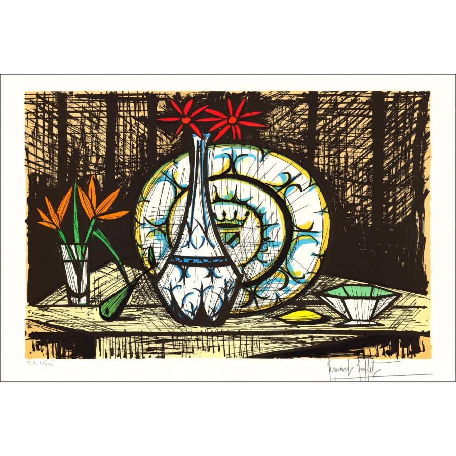 Bernard Buffet Bodegón en los Marguerites Red Marguerites 1987 - Litografía original