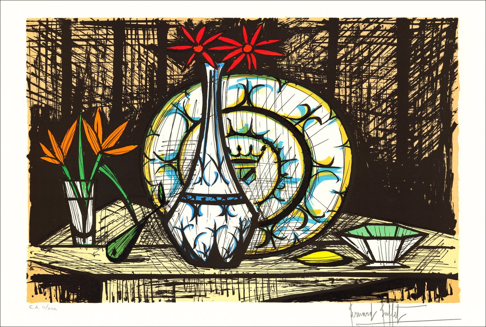 Bernard Buffet Bodegón en los Marguerites Red Marguerites 1987 - Litografía original